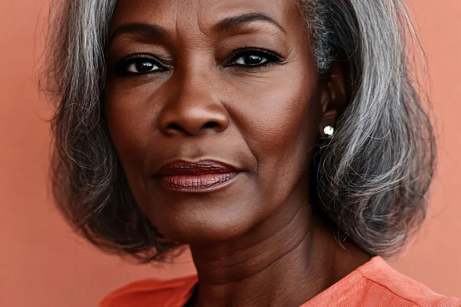 mature woman against orange backdrop